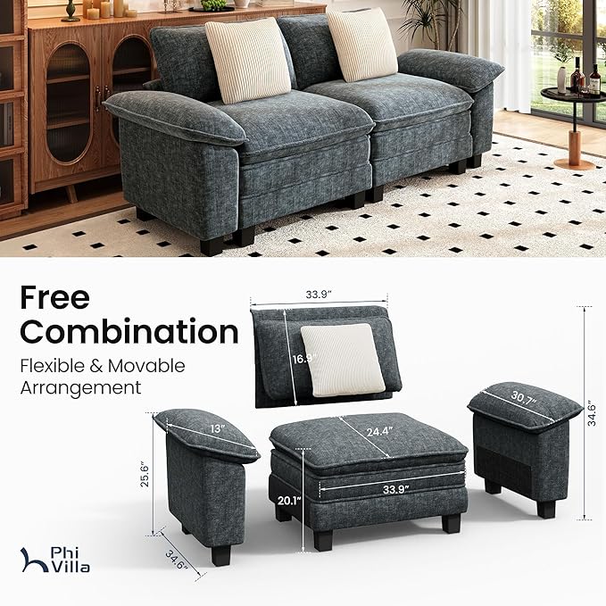 PHI VILLA Indoor Modular Couches Sets, 87.5" Sectional Loveseat Sofa with Upholstered Deep Seat, 2-Seater Comfy Couches for Living Room Bedroom, Chenille Fabric, Dark Cyan