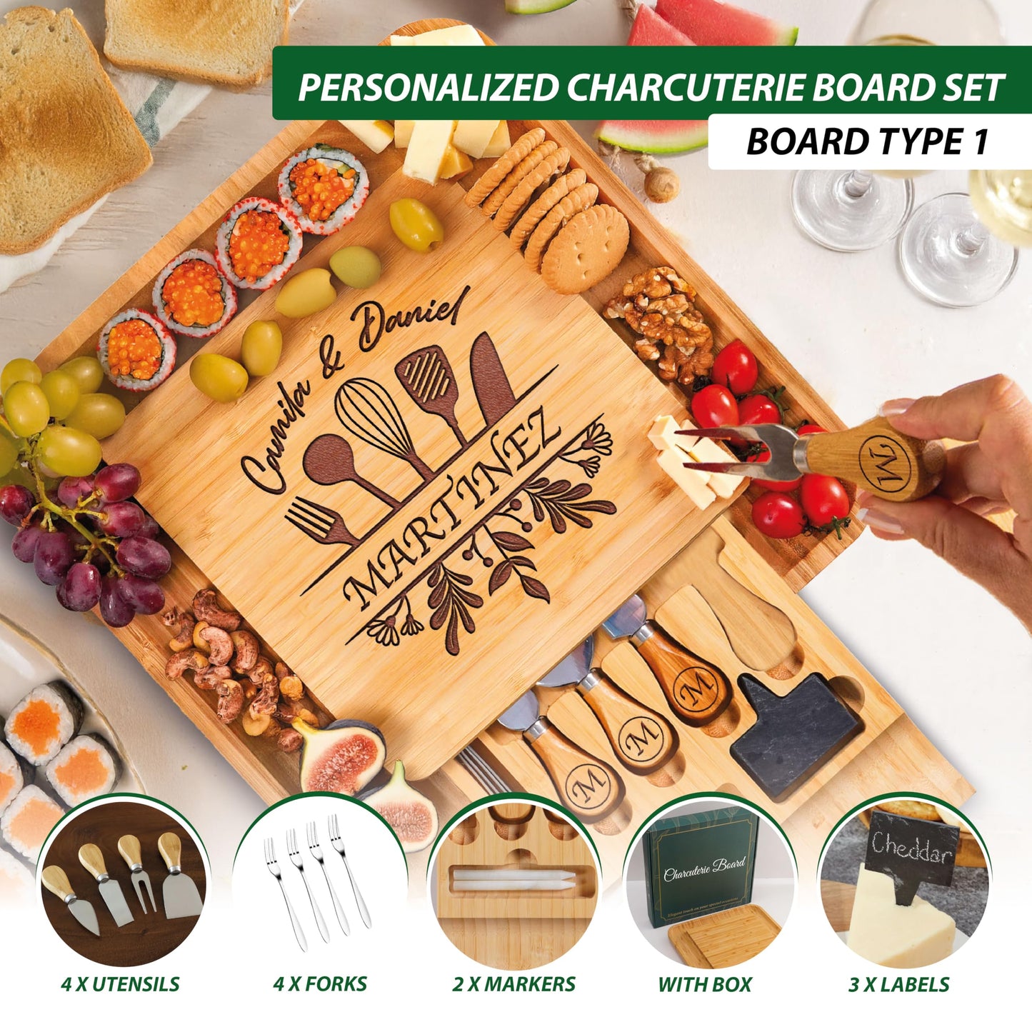 Personalized Charcuterie Board Gifts for Couples – Custom Large Cheese Board with Knife & Utensil Set for Wedding, Anniversary, Birthday, Housewarming, Engagement, Party, New Home, Christmas