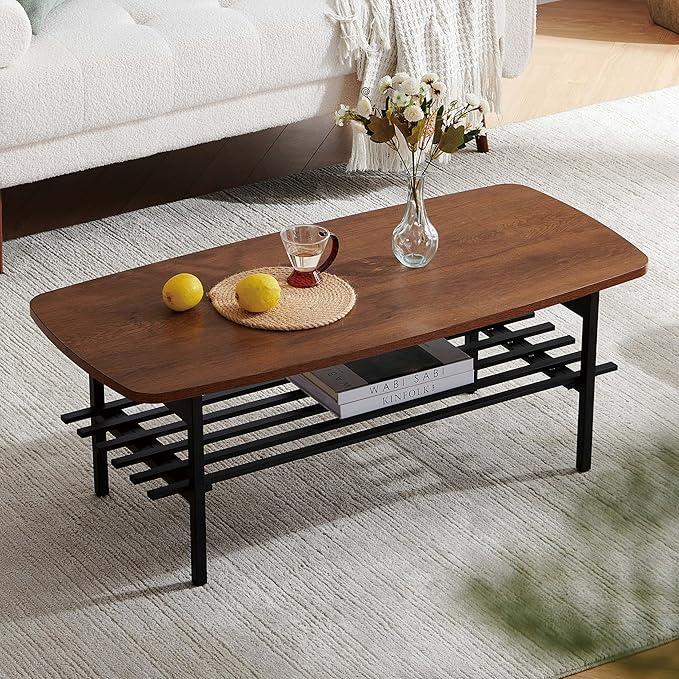 Pine Flicker Wood Folding Coffee Table, Mid-Century Modern Design, 2-Tier, L41*W19*H15 inch, for Living Room, Walnut Finish Wood Top and Black Metal Frame
