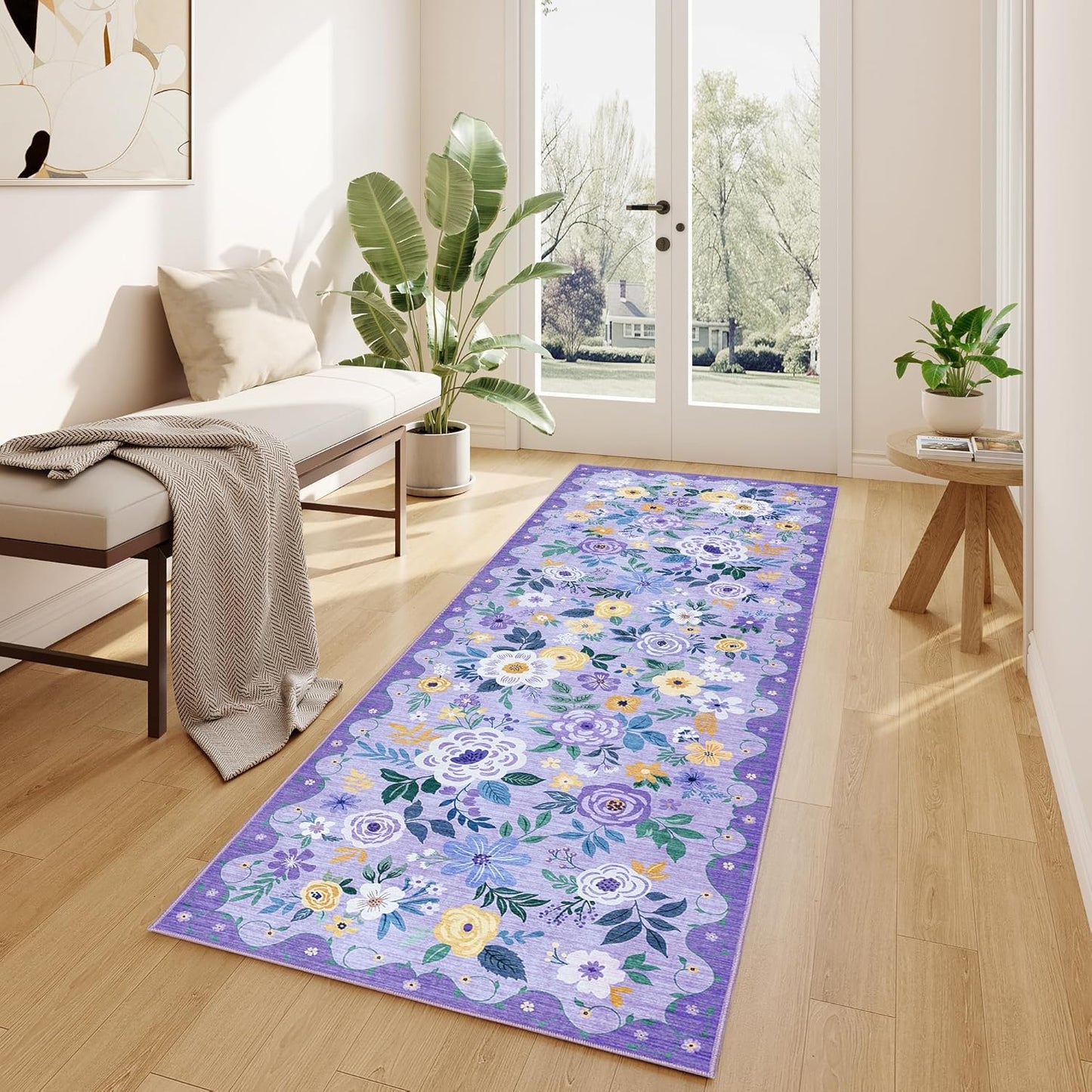 DUKINO 2x6 Runner Rug for Hallway, Washable Kitchen Rug with Non Slip Backing, Low Pile Soft Boho Floral Runner for Kitchen, Hallway, Entryway, Laundry, Bedroom, Purple