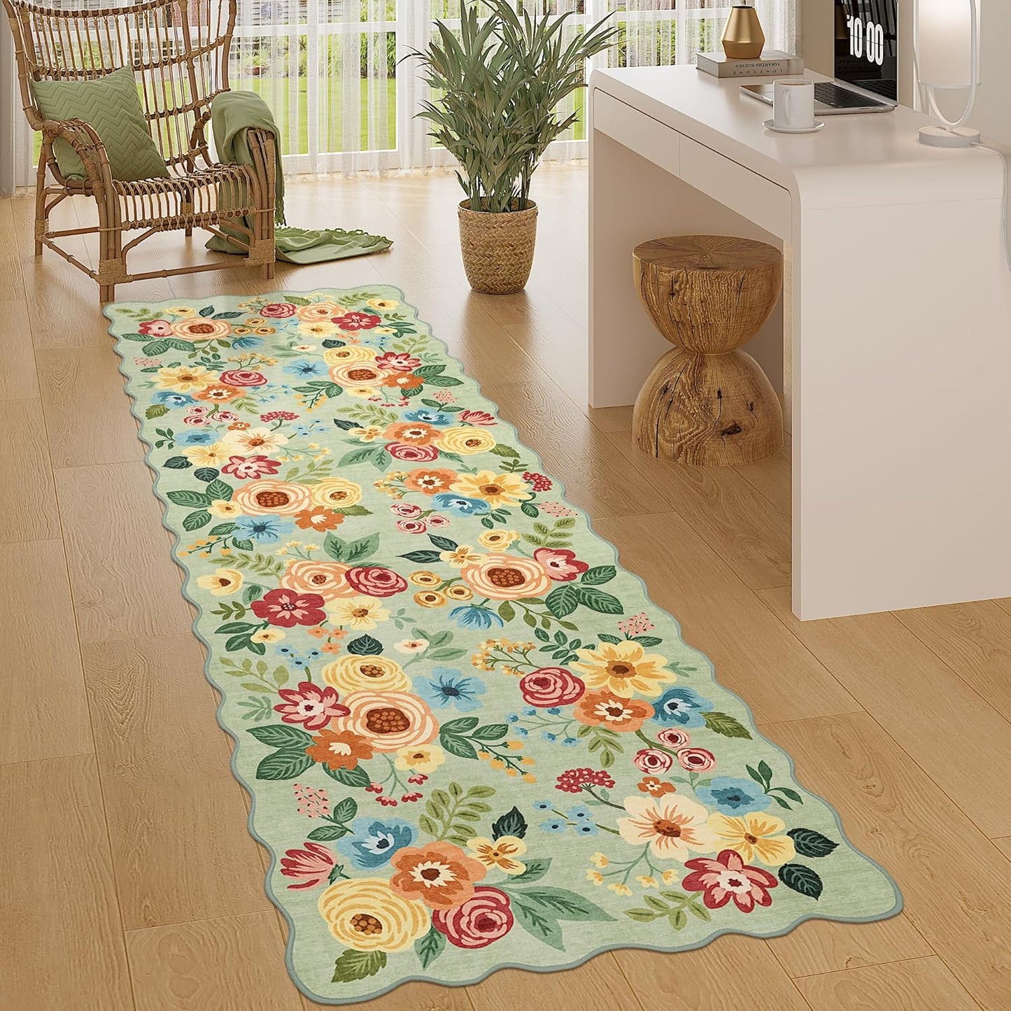 DUKINO 2.6x8 Runner Rug for Hallway, Washable Kitchen Rug with Non Slip Backing & Non-Shediing, Soft Low Pile Floral Design Runner for Bedroom, Kithchen, Living Room, Laundry, Bathroom, Green
