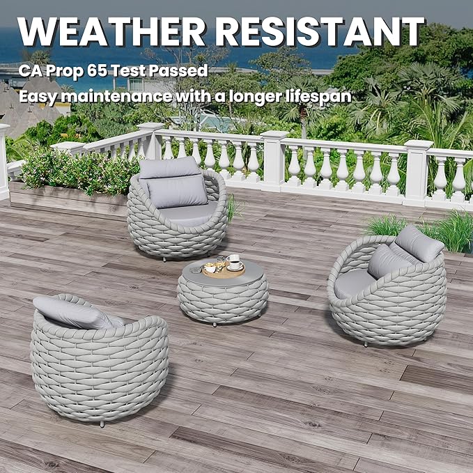 Erotr 4 Pieces Courtyard Seating Set: Aluminum Woven Rope Patio Furniture Chair Set - All Weather Metal Outdoor Conversation Set - Assembled Armchair with Table Set for Bistro Deck Porch Balcony, Grey