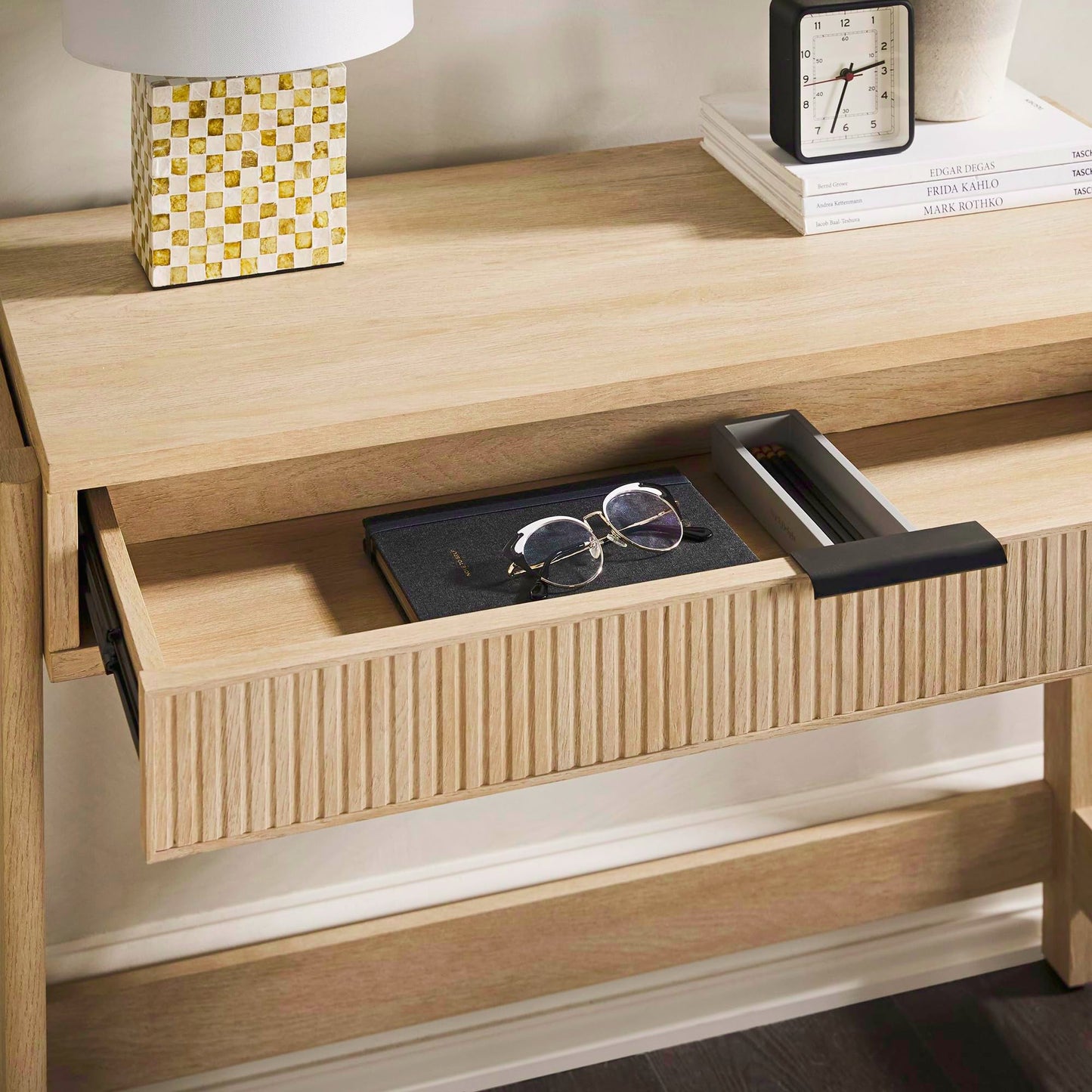 Walker Edison Transitional Office Design, Reeded Drawer Front Detail, Writing Desk with Drawer, Spacious Desktop, Complementary in Living Spaces, 38”W x 16.75”D x 30”H, Coastal Oak