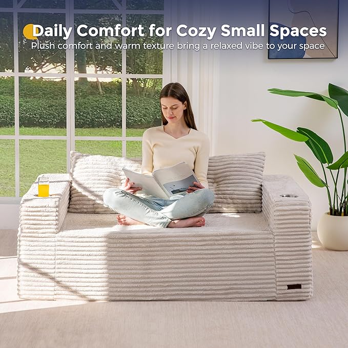 MAXYOYO 63" Boneless Loveseat Sofa Couch for Small Spaces, Mini Love Seat Floor Couch with Cup Holders and Pillows, 2-Seater Upholstered Cloud Couch for Bedroom Apartment, No Assembly Required