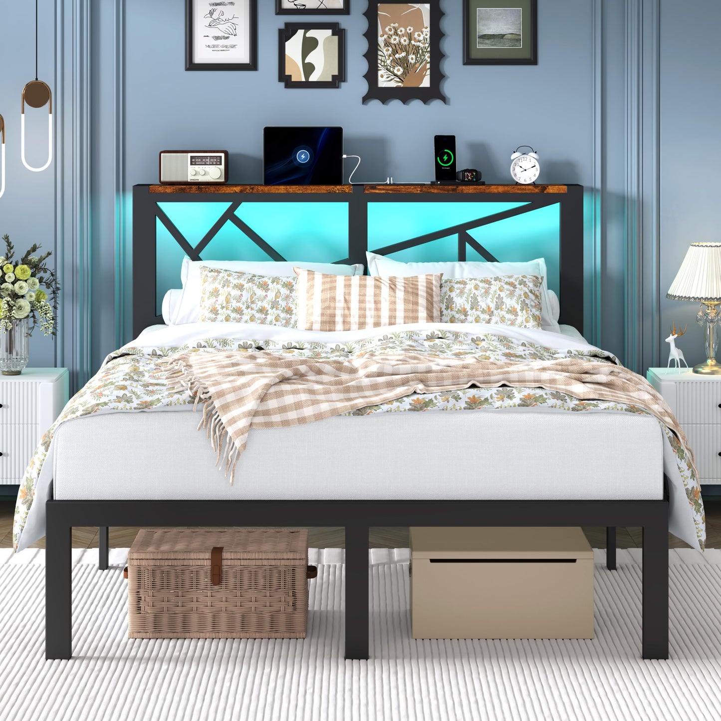 DynJest Queen Size Metal Bed Frame with LED Lights, Storage Headboard with Charging Station, Modern Queen Platform Bed with Heavy Duty Supports, No Box Spring Needed, Noise Free, Easy Assembly, Black