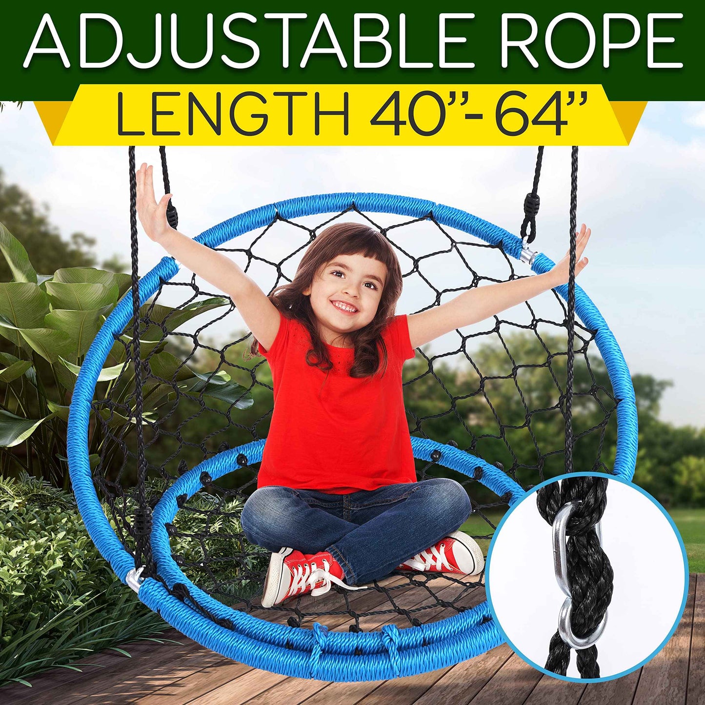 Serenelife Hanging Netted Seat Swing - 35.5" Diameter Kids Indoor Outdoor Round Circle Saucer for Trees or Sets - All-Season UV Resistant Rope Net Seat