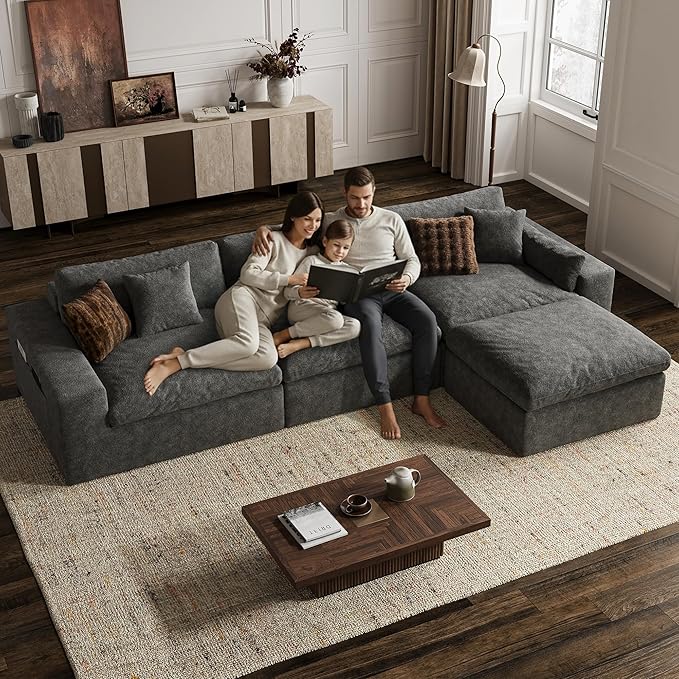 125'' Oversized Boneless Sectional Couches for Living Room, Deepseat Boneless Cloud Modular Sectional Sofa with Ottoman, No Assembly Required L-Shape Cloud Sofa, Plush Fabric, Dark Gray