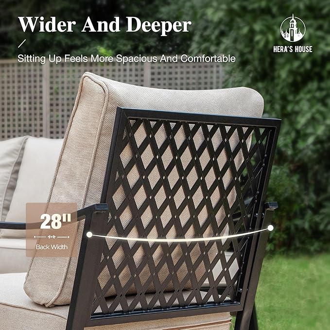 HERA'S HOUSE 4 Piece Metal Patio Furniture Set, All Weather Outdoor Conversation Set with 3 Seat Sofa, 2 Swivel Chairs & Coffee Table, Seats 5 for Backyard, Garden, Deck, Beige