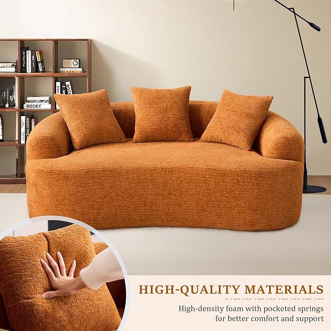 65'' Modern Curved Cloud Loveseat Sectional Sofa for Small Spaces, Luxury Plush Chenille Deep Seat Couch with 3 Pillows, No Assembly Needed Apartment Living Room Furniture, Orange