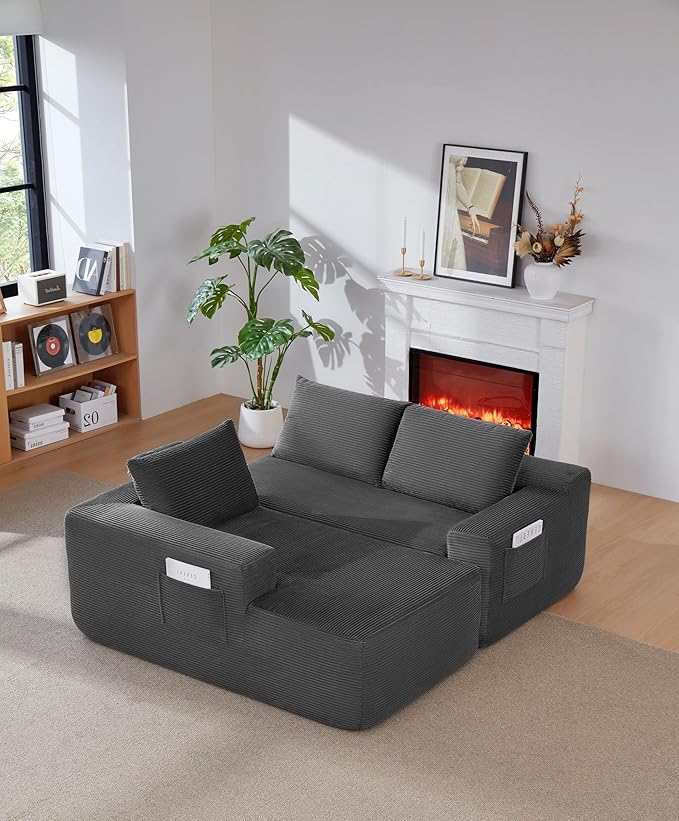 Vanress 97" Cloud Couch Sectional, Corduroy Boneless Couch with L-Shape Chaise,Modern Modular Sectional Sofa Comfy Deep Seat for Living Room, Bedroom, No Assembly (Dark Grey, Left Facing Chaise)