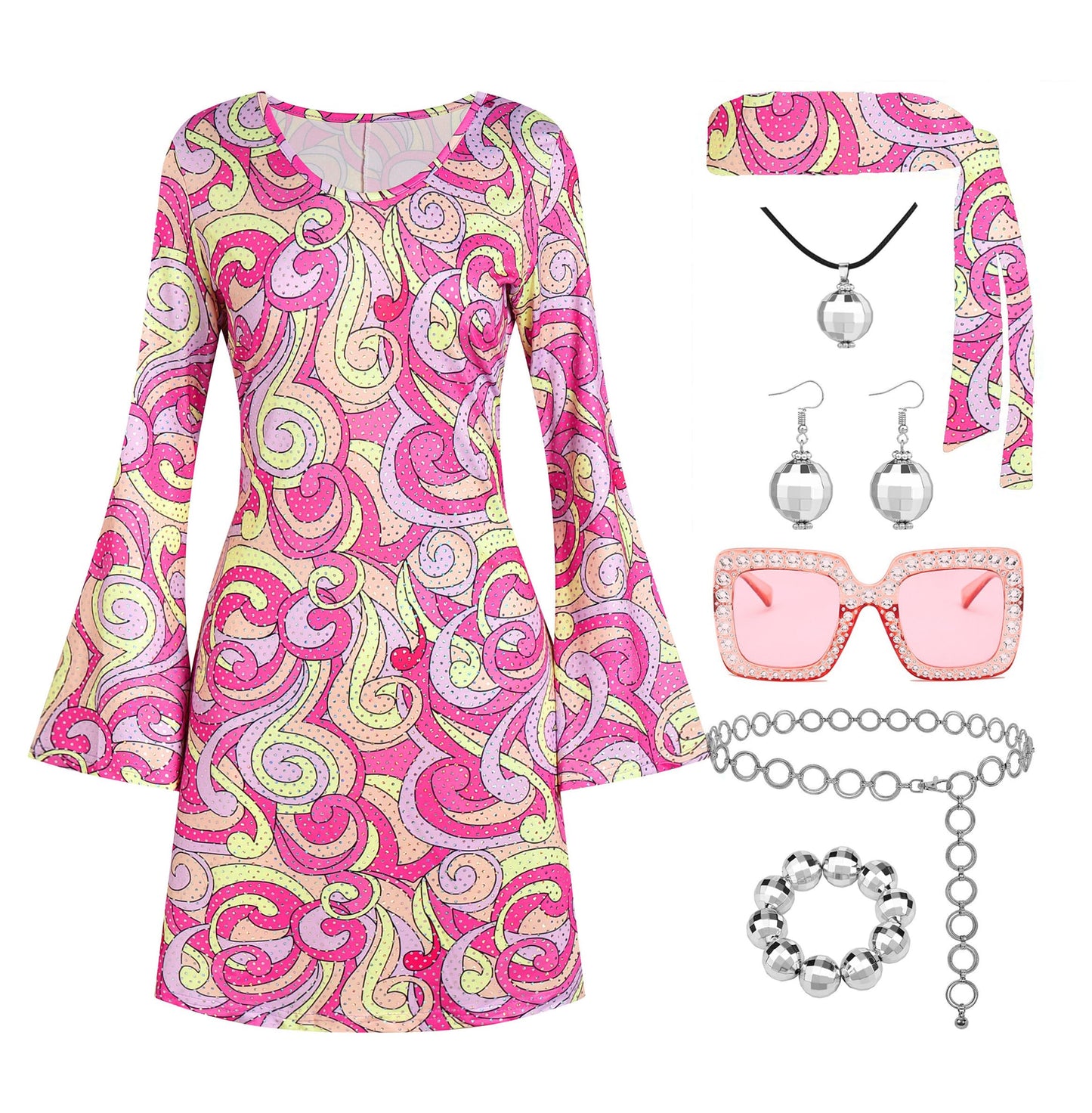 Deerjoke 70s Disco Outfit Women, 7 PCS 70's Disco Dress Costume Hippie Clothes Accessories Jewelry Halloween (Pink, Large)