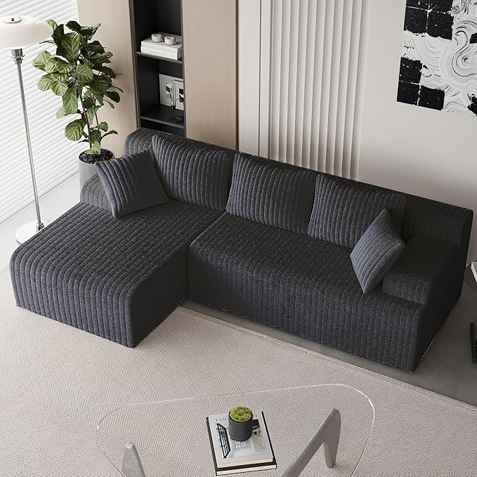 LAUSAINT HOME 96" Modular Sectional Sofa Couches, L-Shaped Boneless Cloud Sofa with 3 Deep Seat, 5 Cushiones Oversized Chaise for Living Room, Bedroom, Plush Corduroy Fabric (Left, Black)