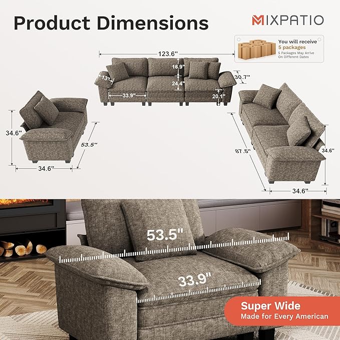 MIXPATIO U-Shaped Cloud Modular Sofa Set, Deep Seat 3-Piece 6-Seater Sectional Couch & Removable Arms, Plush Chenille for Living Room - Smoky Gray