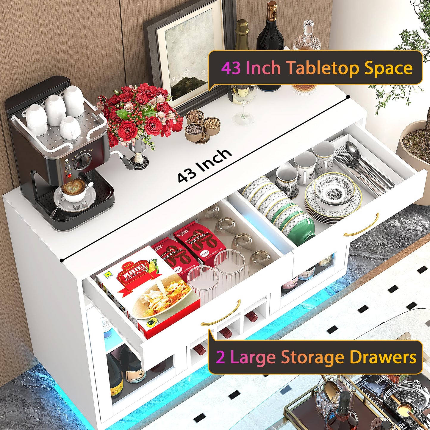 knoworld Wine Bar Cabinet with LED Lights, Liquor Cabinet with Wine and Glass Rack, Wine Cabinet Coffee Bar Cabinets, Kitchen Buffet Sideboard with Storage for Living Room, Dining Room