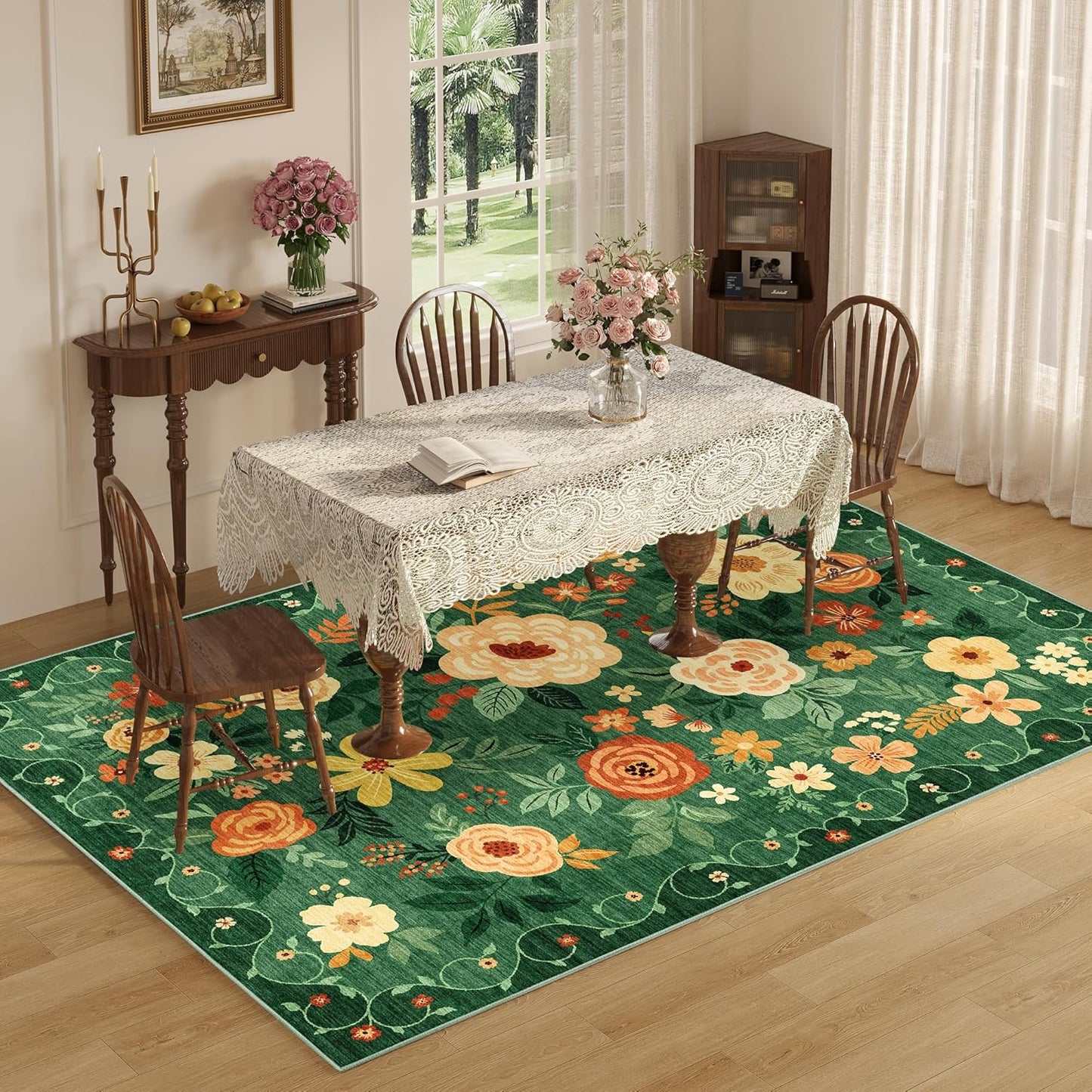 DUKINO 8x10 Area Rug, Floral Rugs for Living Room, Lightweight Non Slip Washable Rug, Indoor Low Pile & Non-Shedding Boho Design Rugs for Bedroom, Living Room, Dining Room, Dark Green
