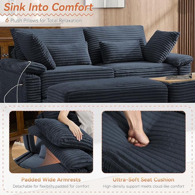 75" Corduroy Loveseat with Storage Ottoman, Cloud Deep Seat Couch with Convertible Ottoman Coffee Table & USB, Double Chaise Lounge for Living Room, Blue