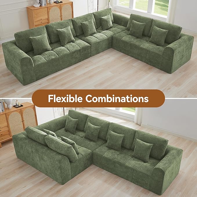 140''Modular Sectional Couches for Living Room, Cloud Boneless Compressed Sectional Sofa, Oversized L Shaped 6 Seater Upholstered Memory Foam Sofa, No Assembly, Chenille Green