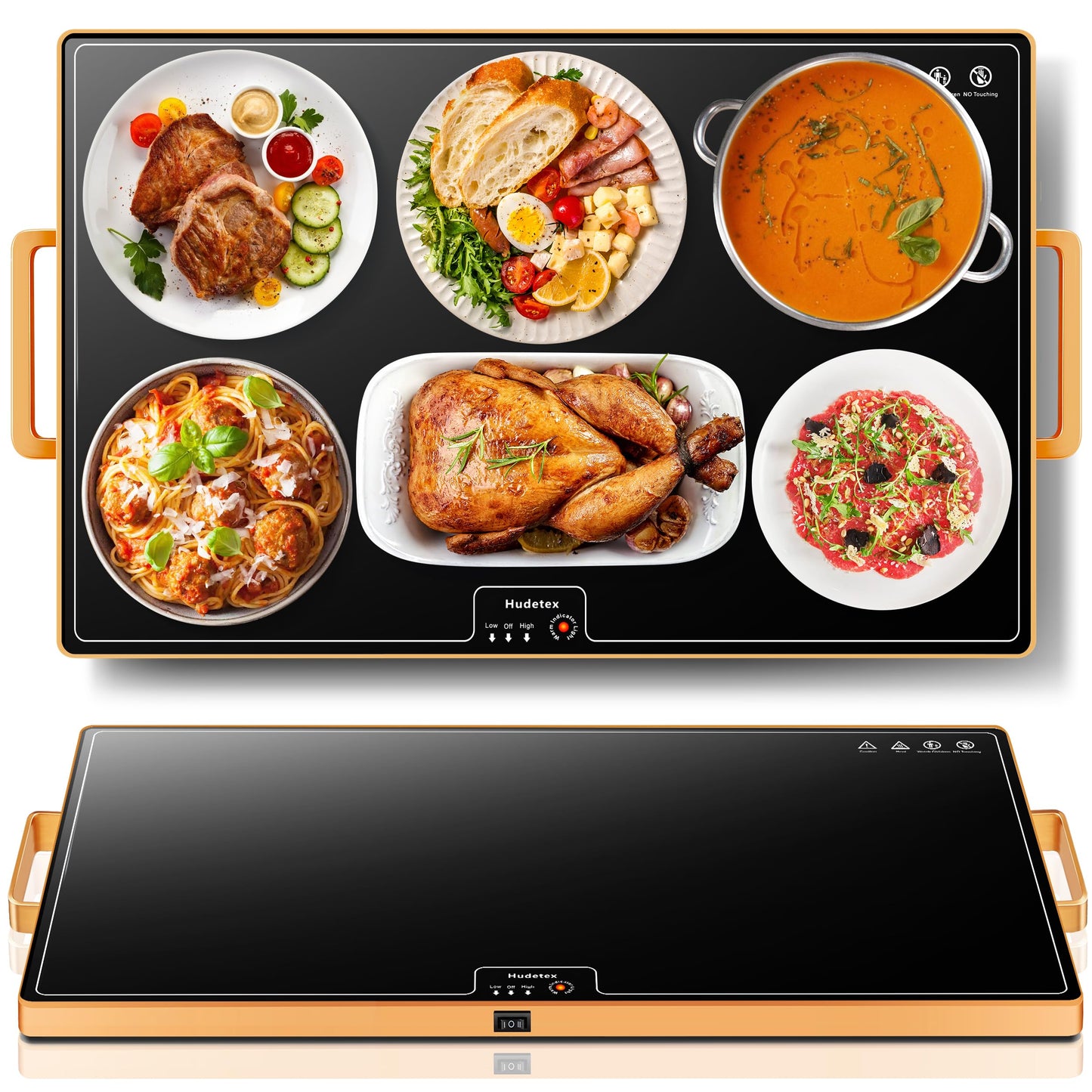 Food Warming Mat (XL 24"x16"), Food Warmers for Parties Buffet and Daily Use, Full Surface Warm Evenly Electric Warming Tray with Button Temperature Control, Gold Handles Warming Mat for Food, Black