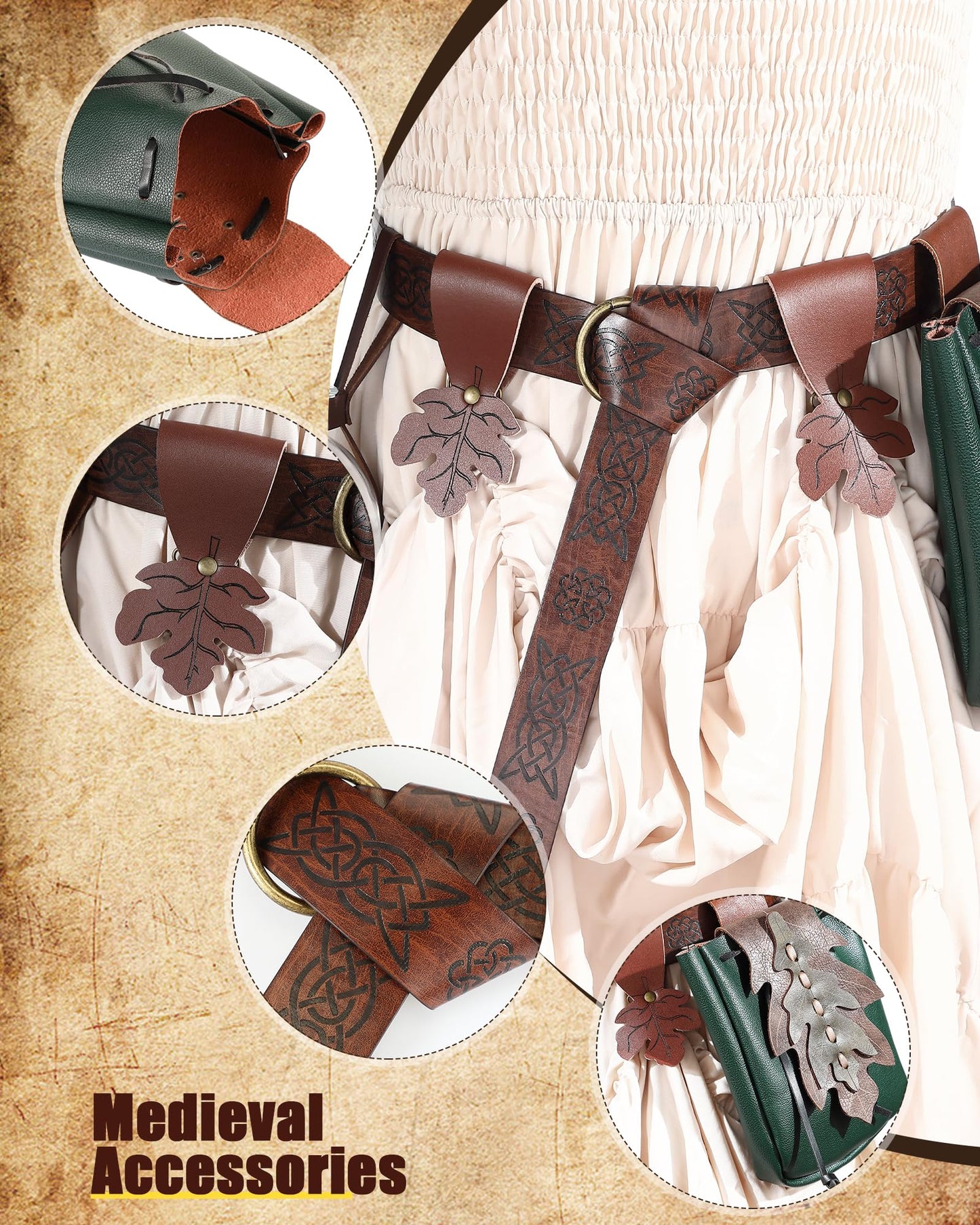 Twistover 6 Pcs Women Renaissance Accessories Leaf Belt Bag Medieval Viking Belt Potion Bottles Leather Skirt Hikes(Green, Brown,Classic)
