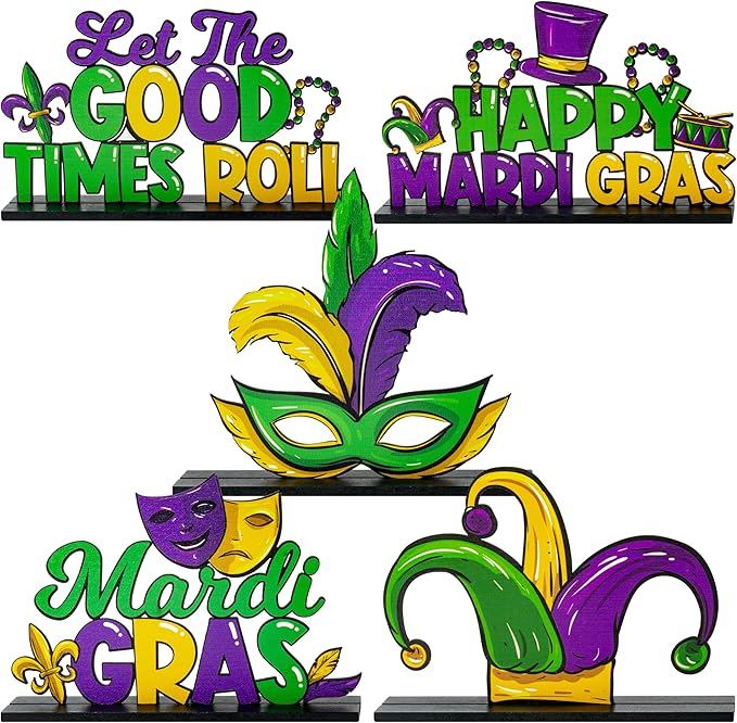 Haooryx Mardi Gras Wooden Centerpieces Decorations - 5Pcs Mardi Gras Carnival Themed Wood Detachable Table Topper Let The ...