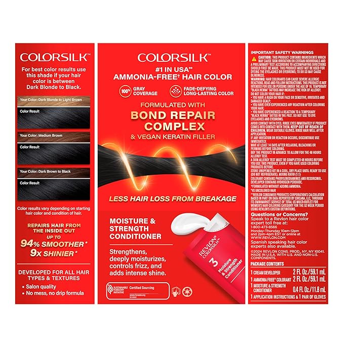 Revlon ColorSilk with Bond Repair Complex, Black Permanent Hair Color, 100% Gray Coverage, Ammonia Free Hair Dye, Vegan Keratin, 10 Black (Pack of 3)
