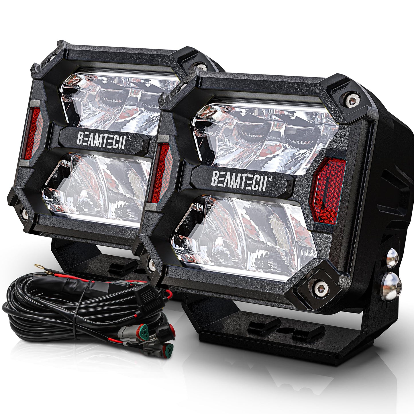 BEAMTECH LED Pods 4 Inch 120W 14400LM White Spot Beam Work Light with Wiring Harness Driving Off Road Lights for Truck SUV ATV UTV
