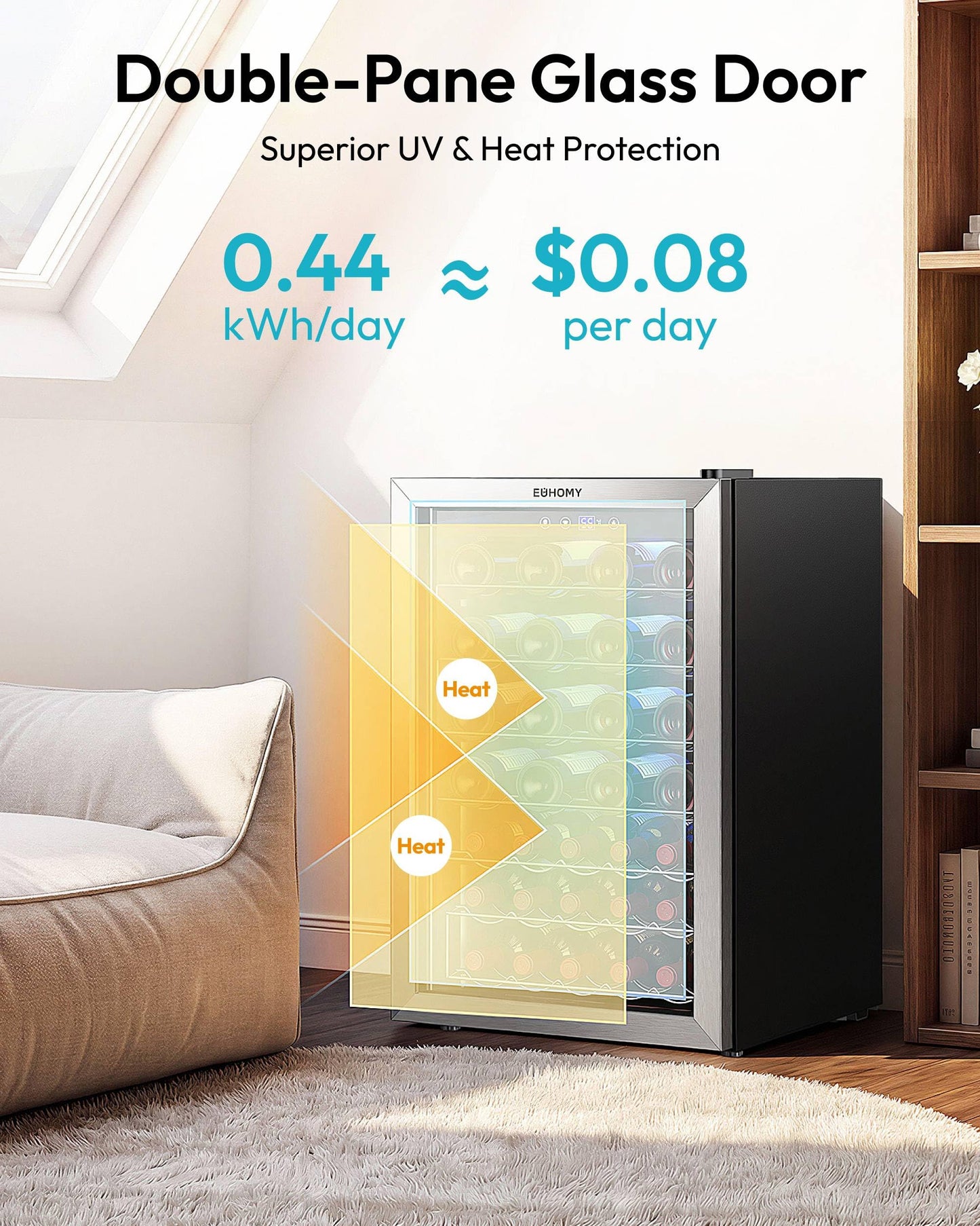 EUHOMY 45 Bottle Wine Cooler Refrigerator, Wine Fridge with Stainless Steel Glass Door for Red, White and Champagne, Mini Fridge with Adjust Temperature for Home Kitchen Bar 4.5 Cu.Ft, Silver