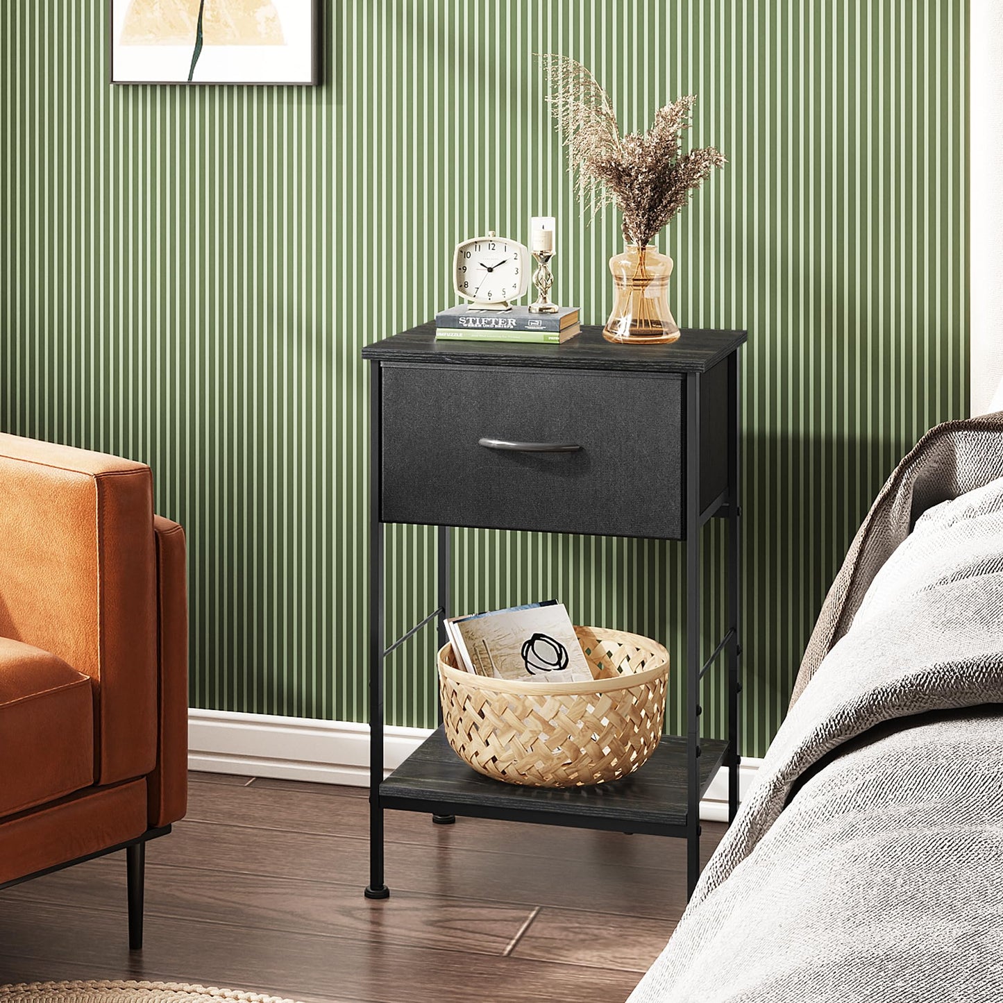 WLIVE Night Stand Set 2, Black Nightstand with Fabric Storage Drawer and Open Wood Shelf, Nightstand Set of 2 with Steel Frame, Side Table for Bedroom, Dorm, Charcoal Black, 25.03" Height