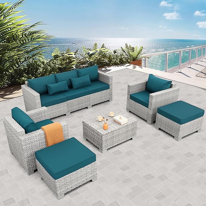 WAROOM Patio Furniture Set 6 Piece Outdoor Patio Set Grey Wicker Balcony Furniture Conversation Sets PE Rattan Couch Sofa with Coffee Table, Peacock Blue Cushion