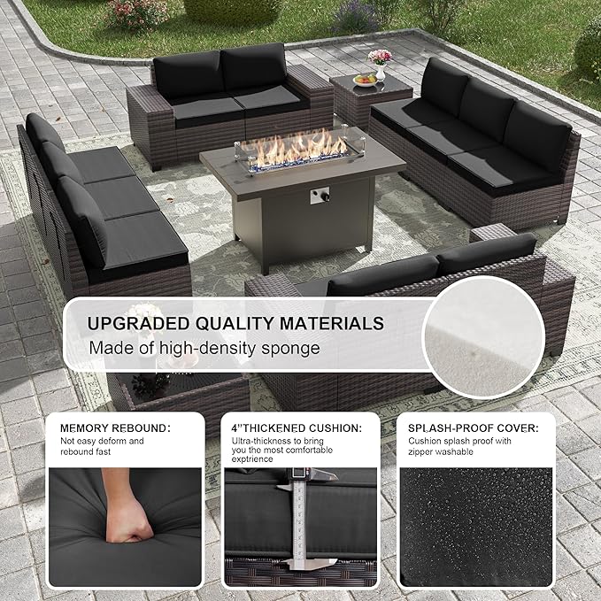 Kullavik 13 Pieces Outdoor Patio Furniture Set with 43" 55000BTU Gas Propane Fire Pit Table PE Wicker Rattan Sectional Sofa Patio Conversation Sets,Black