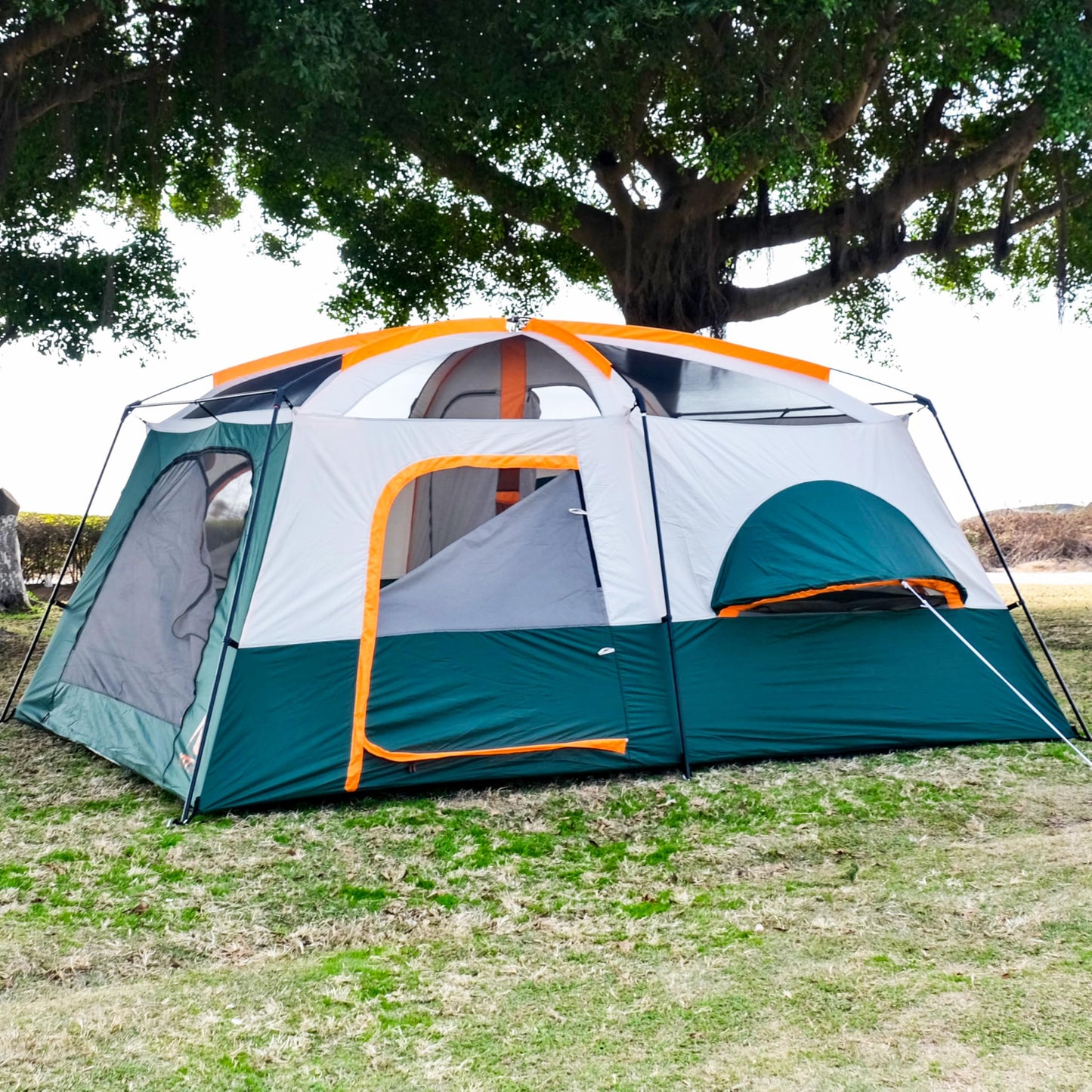 KTT Extra Large Tent 12 Person,Family Cabin Tents,Full Rainfly,2 Bay-Windows,2 Rooms and 3 Doors 3 Windows with Mesh,Waterproof,Straight Wall,Double Layer,Big Tent for Outdoor,Picnic,Camping(Green)