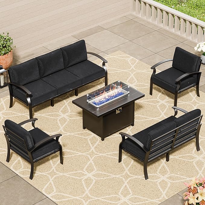 RTDTD Aluminum Outdoor Patio Furniture Set,5 Pieces 7 Seats Patio Conversation Sets with 45" Propane Fire Pit Table,Metal Patio Sectional Furniture Set w/5.1" Cushions for Porch,Deck,Backyard,Black