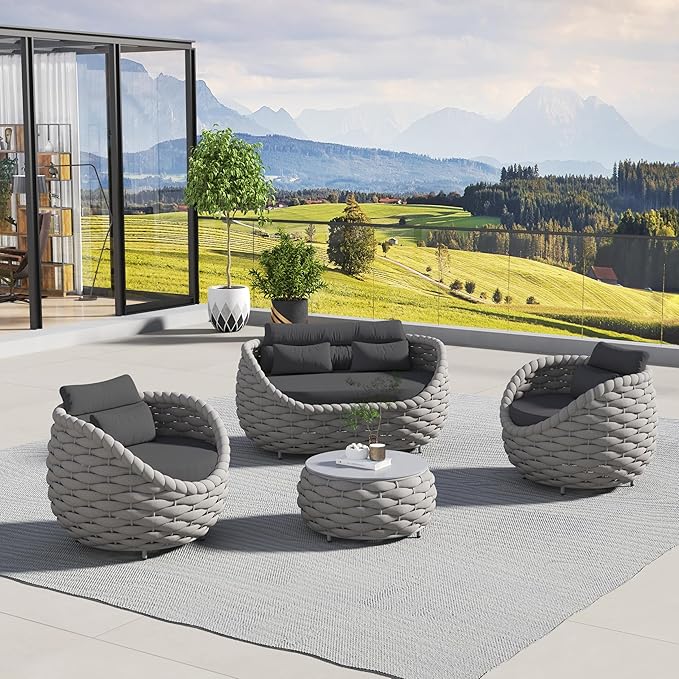 ercimi 4 Pieces Set Aluminum Outdoor&Indoor Sofa, Modern Patio Furniture Set Conversation Set with Soft Cushion and Coffee Table for Balcony Garden (Dark Grey)