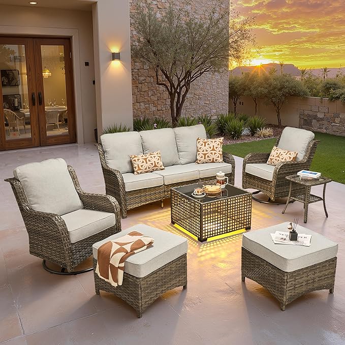 ovios 7 Pieces Patio Furniture Set, Outdoor Wicker Sofa Couch with Swivel Chairs Solar Lights Table, High Back Modern All Weather Conversation Sets, Grey Rattan, Grey