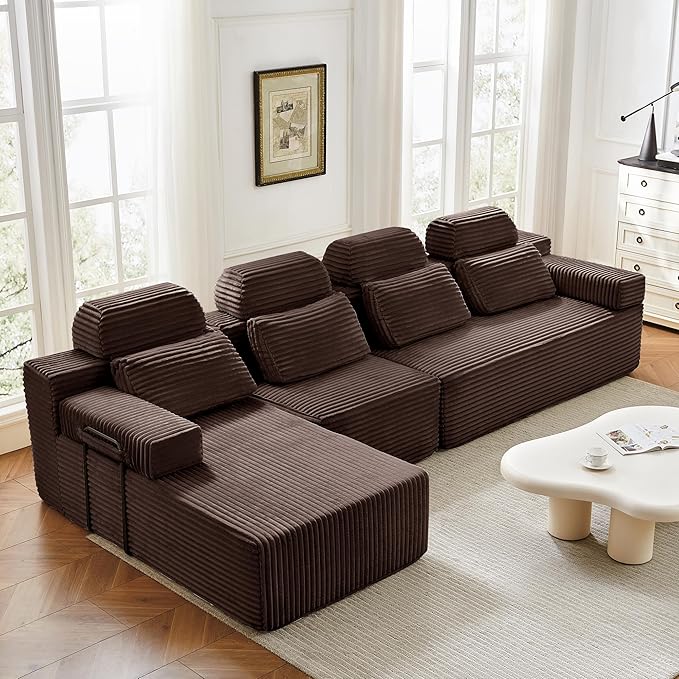 136" L-Shaped Cloud Modular Sectional Sofa with Chaise & Headrest, Boneless Deep Seat Plush Corduroy Couches for Large Living Room, No Assembly Required (Brown, 136" L-shapred Chaise)