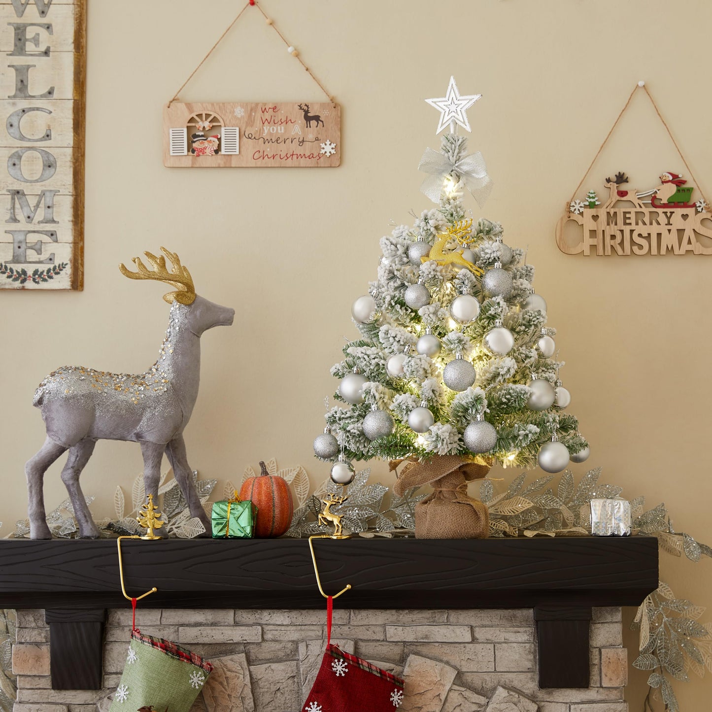 30 Inch Tabletop Mini Flocked Snow Christmas Tree, Artificial Xmas Pine Tree with LED String Lights, Gold Star Topper, Christmas Elk and Ornaments (White)