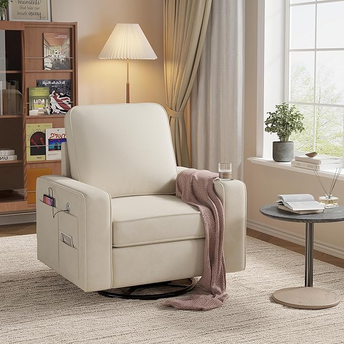 Swivel Square Accent Chair with Wide Armrests,360° Rotating Comfy Single Sofa Chairs with USB/Type-C,Cup Holder & Side Pocket,Modern Armchair for Living Room Bedroom Reading Lounge Nook,Beige White | Swivel Accent Chair, with USB/Type-C, Cup Holder, Si...