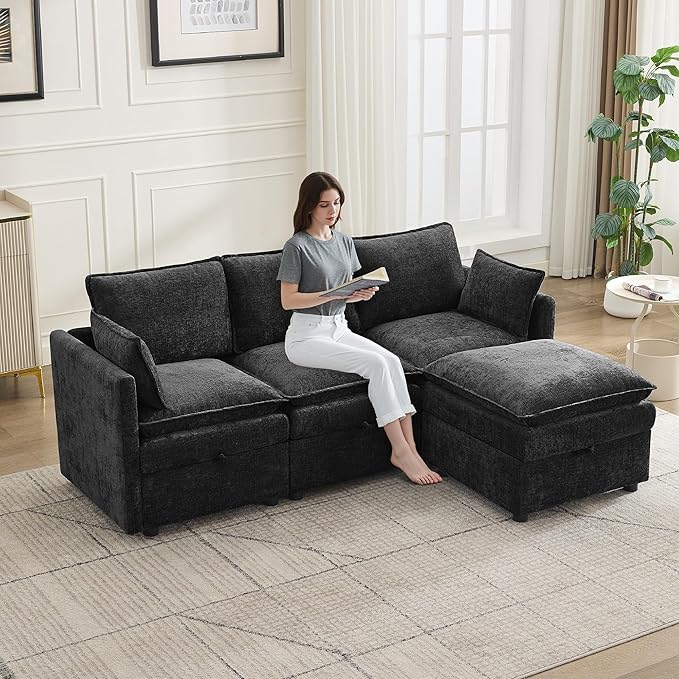 80" Cloud 3 Seater Sectional Modular Couch with Storage Ottoman, Upholstered Storage Sofa Modern Couch Deep Seat, Chenille L Shape Sofa Comfy Couches with Armrests for Living Room, Small Space, Black