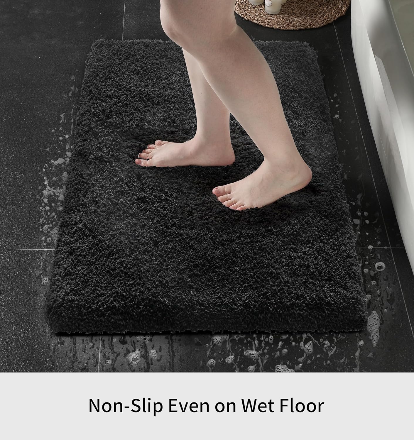 Bathroom Rug 24x48 Non Slip Fluffy Bath Mat for Bathroom Floor Washable Plush Luxury Bath Rug for Tub Soft Shower Mat, Black