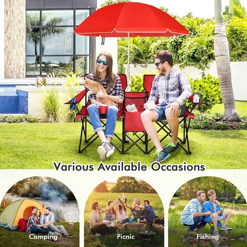 ReunionG Double Folding Camping Chairs, Portable Beach Chairs with Removable Umbrella & Mini Table Carrying Bag, Outdoor Lawn Chairs for Picnic, Patio, Pool, Park (Red)