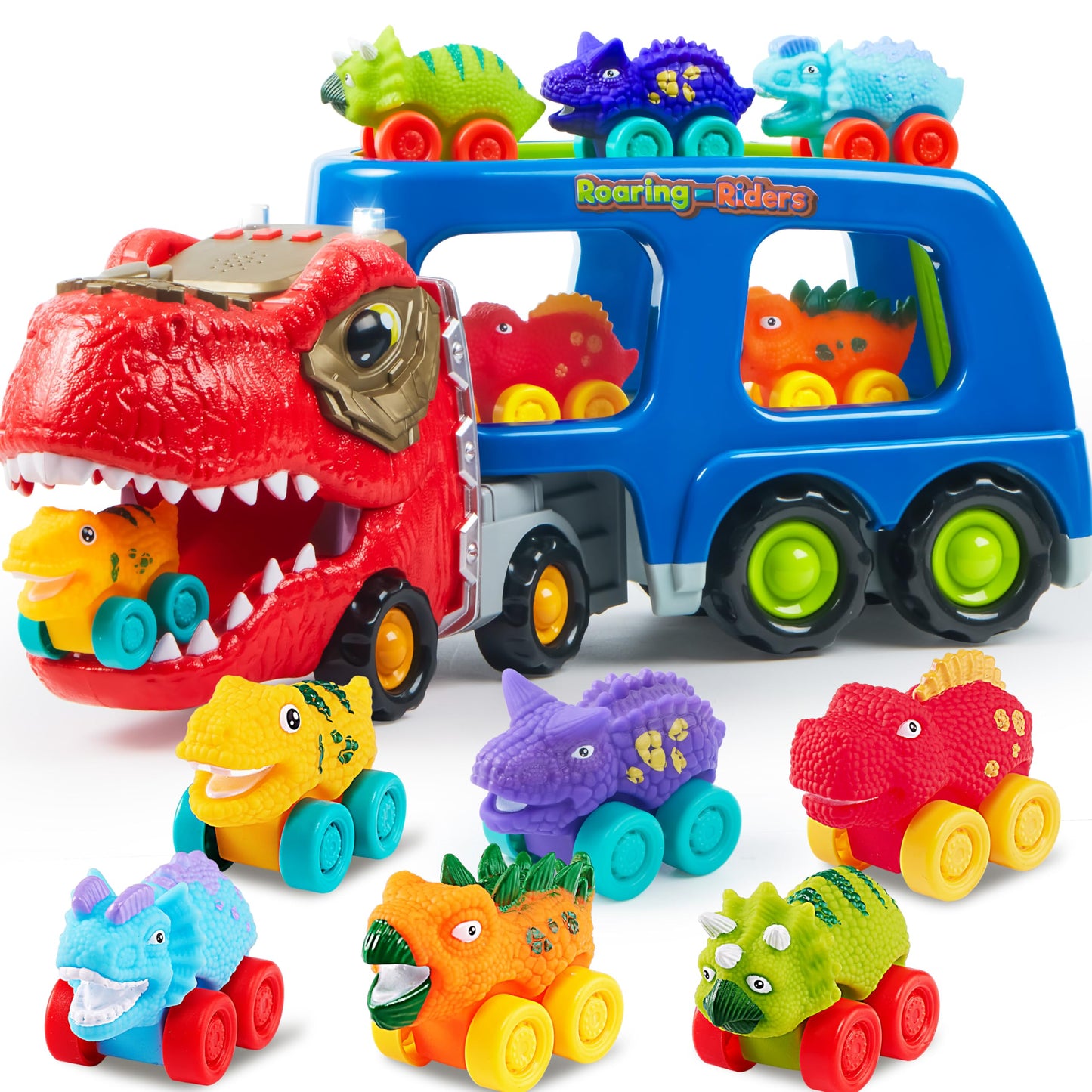 JOYIN Dinosaur Truck Toys for Kids, Kids Toys Boys Age 3 4 5, Dinosaur Car Carrier Truck Toy with 6 Figures Rubber Car Vehicles, Toddler Birthday Gifts with Music & Lights