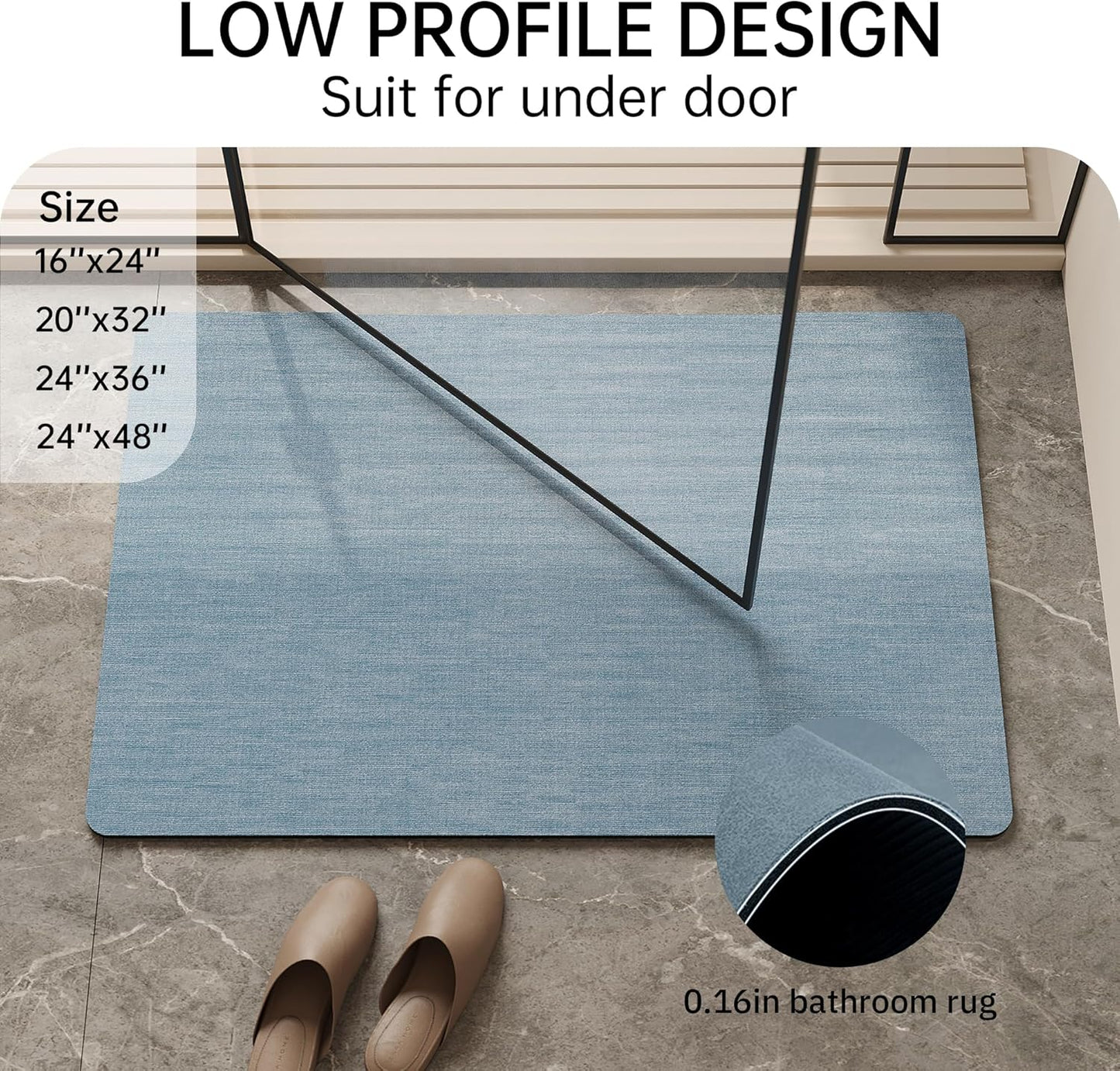 Mecko Bath Mat Rug, Rubber Non-Slip Quick Dry Absorbent Thin Bathroom Rugs Fit Under Door Bathroom Floor Mats-Shower Rug for in Front of Bathtub, Room Floor, Shower Room(Light Blue,16"x24")