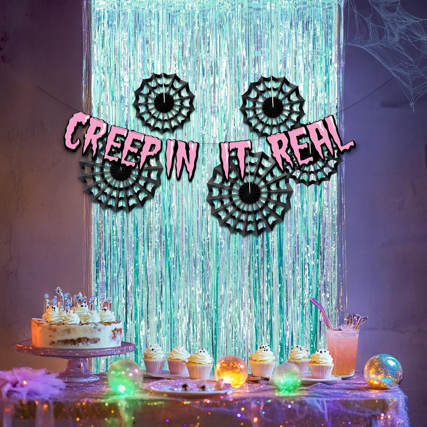 Cheerland Cyan Summerween Spider Web Backdrop Banner Party Decorations Pastel Foil Neon Curtain Streamers Cobweb Paper Fans Photobooth Background for Halloween Birthday Witch Cosplay Party Supplies