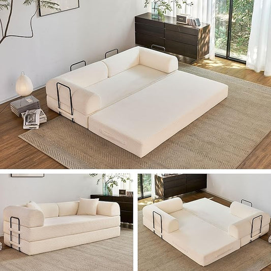 79" 5-in-1 Folding Convertible Sofa Bed, Oversized Corduroy Futon Floor Couch with Pull-Out Sleeper, Modular Boneless Loveseat for Small Spaces, Living Room, Bedroom (White1)
