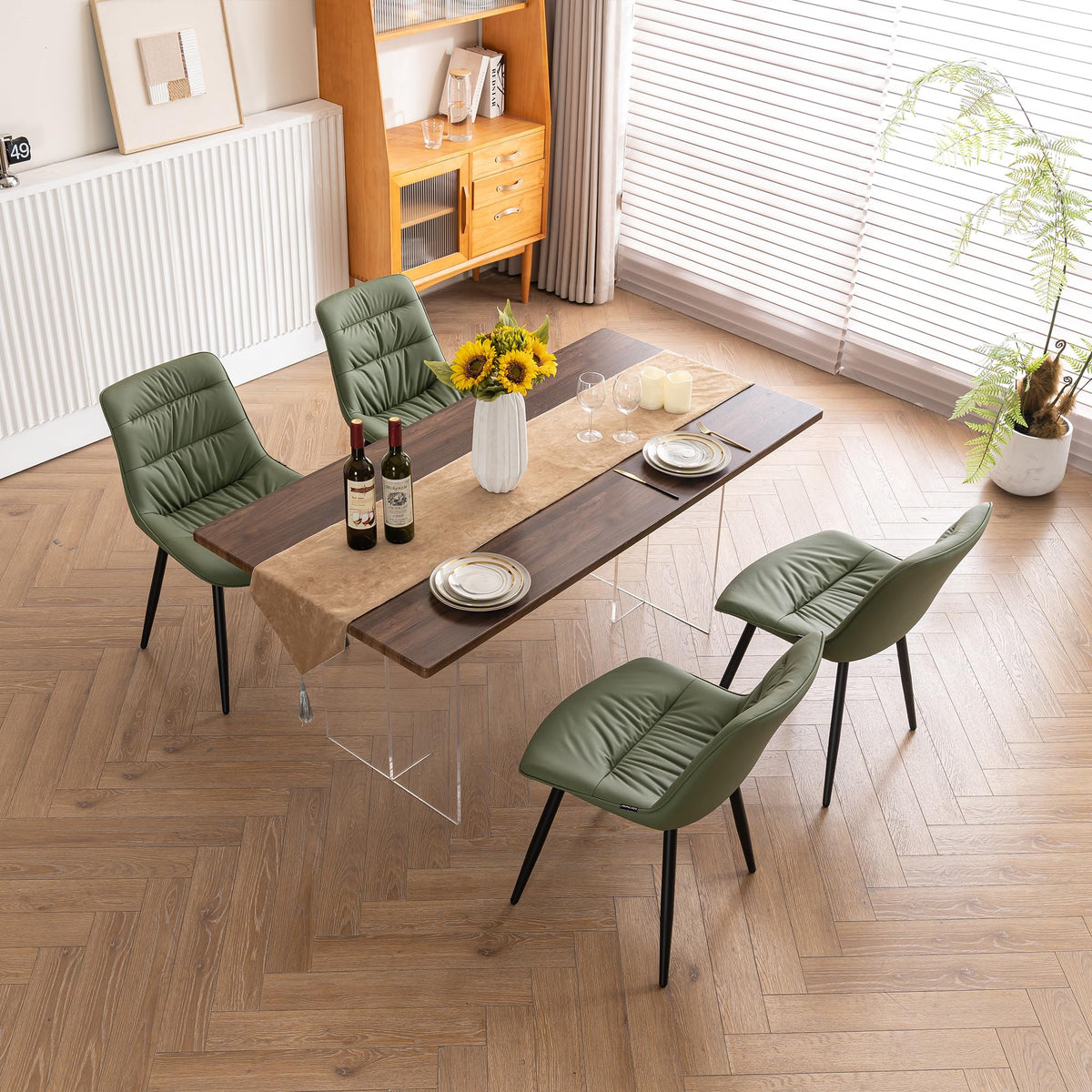 Rowill Dining Chairs Set of 2 Mid Century Modern Kitchen Chair Comfortable Upholstered Faux Leather Dinner Chairs for Kitchen Dining Room, Olive Green