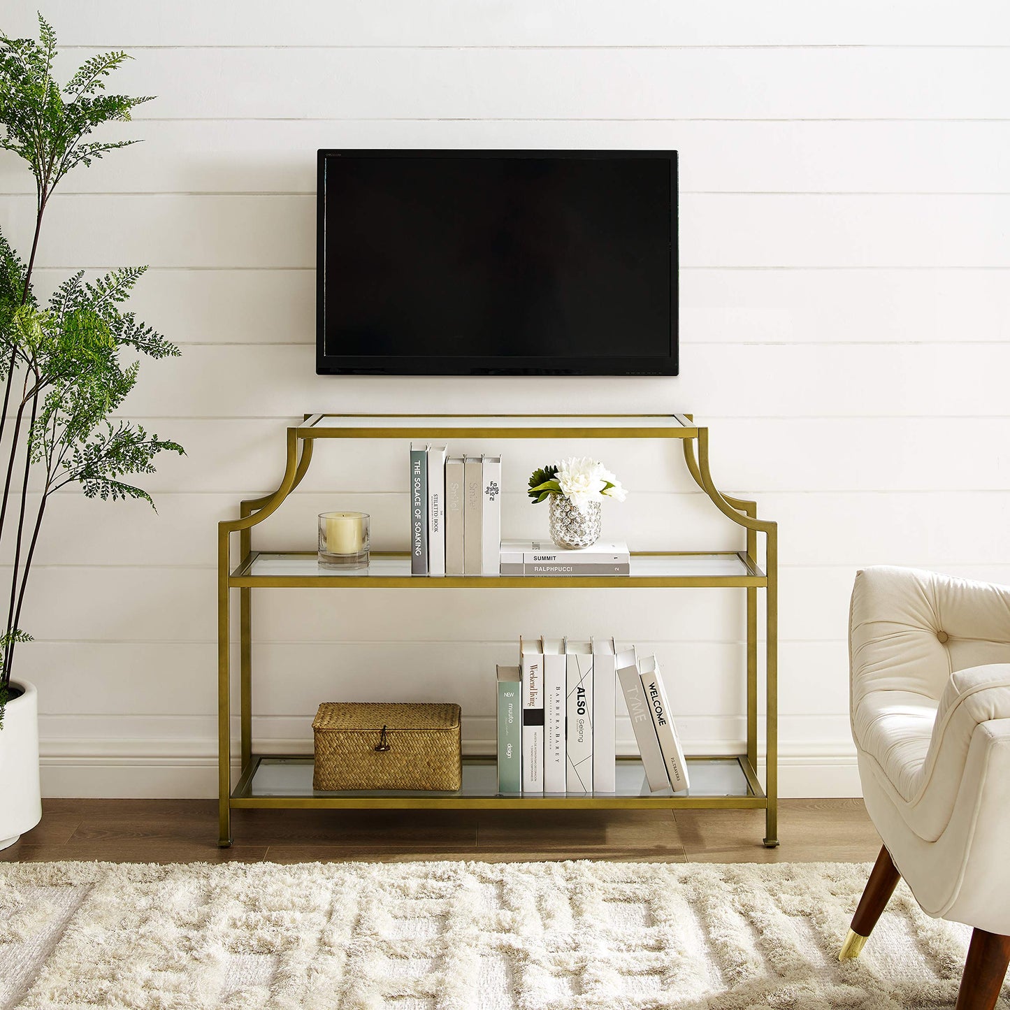 Crosley Furniture Aimee Sofa Console Table with Storage Shelves for Hall, Entryway, or Living Room, Gold and Glass