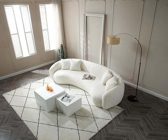 KEIKI 103" Boucle Half Moon Curved Sectional Sofa with 4 Throw Pillows, Modern Style 5-Seater Teddy Fleece Leisure Couch with Curved Backrest, Easy Assembly, for Apartment, Living Room, Bedroom, White