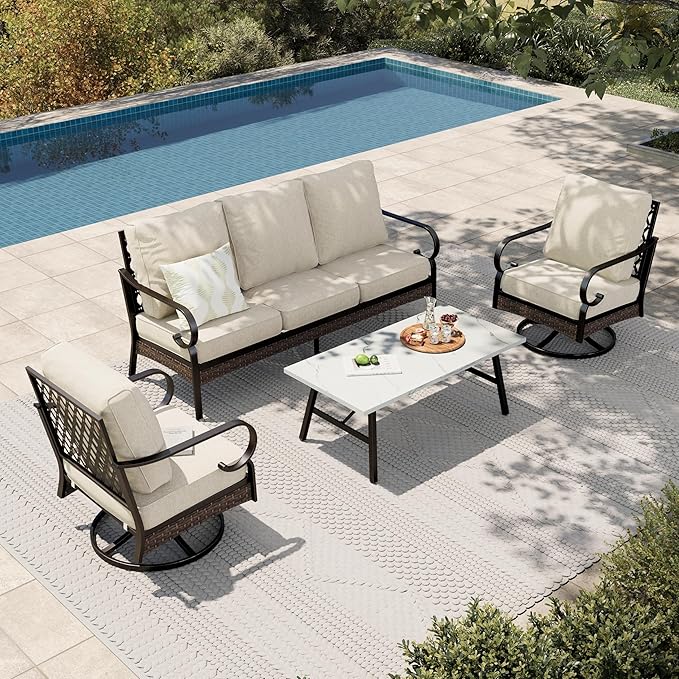 HERA'S HOUSE 4 Piece Metal Patio Furniture Set, All Weather Outdoor Conversation Set with 3 Seat Sofa, 2 Swivel Chairs & Coffee Table, Seats 5 for Backyard, Garden, Deck, Beige