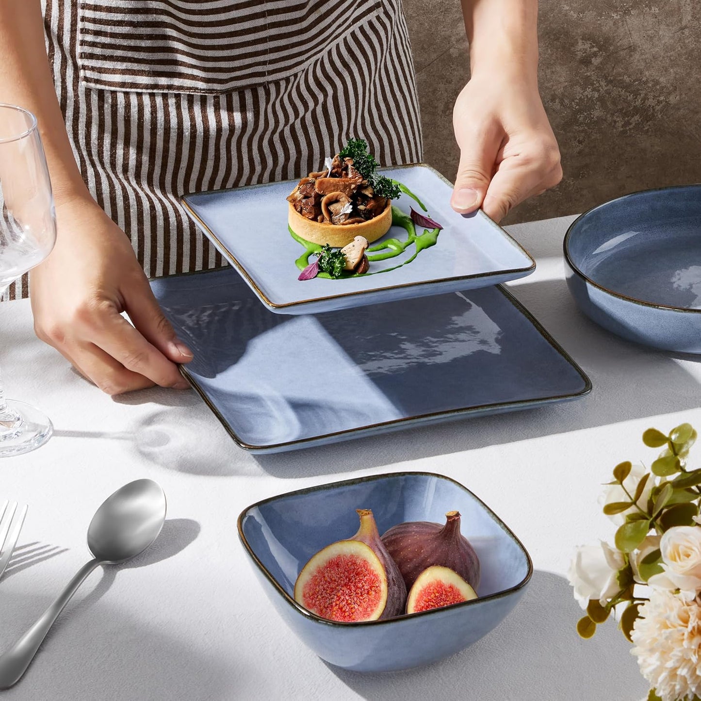 E-far Square Dinnerware Sets for 8, 24-Piece Stoneware Plates and Bowls Dishes Set, Reactive Glaze Porcelain Dishware Sets, Chip & Scratch Resistant, Microwave & Dishwasher Safe, Ocean Blue