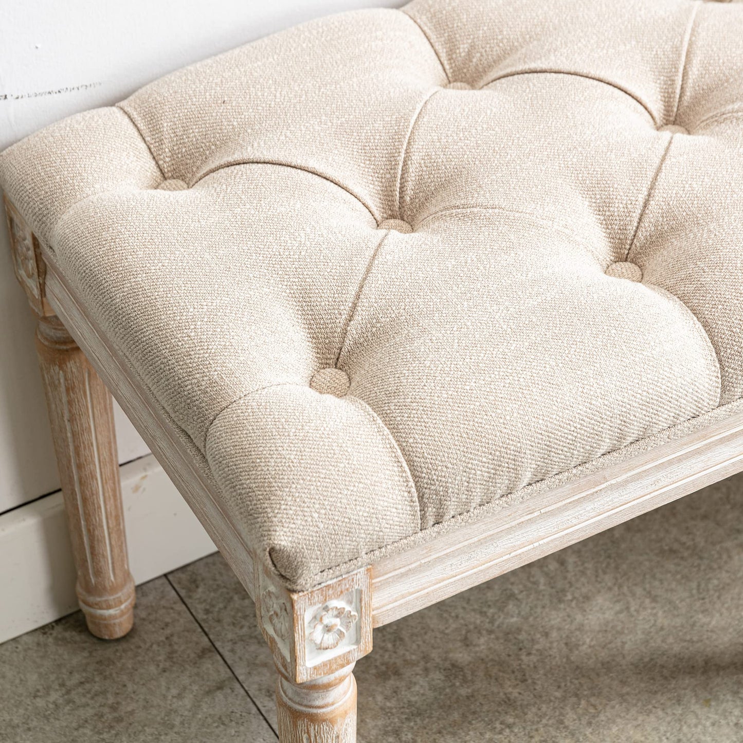 DM Furniture Tufted Dining Bench French Vintage Fabric Upholstered Wood Dining Room Bench Rustic Entryway Bench Bedroom End Bed Bench, Beige 48" Long